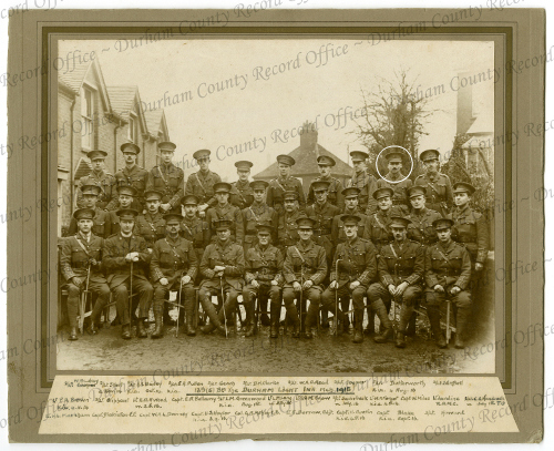 Officers 13th Btn DLI March 1915 (George Butterworth circled) Reproduced by permission of the Trustees of the former DLI and Durham County Record Office D/DLI 7/75/26